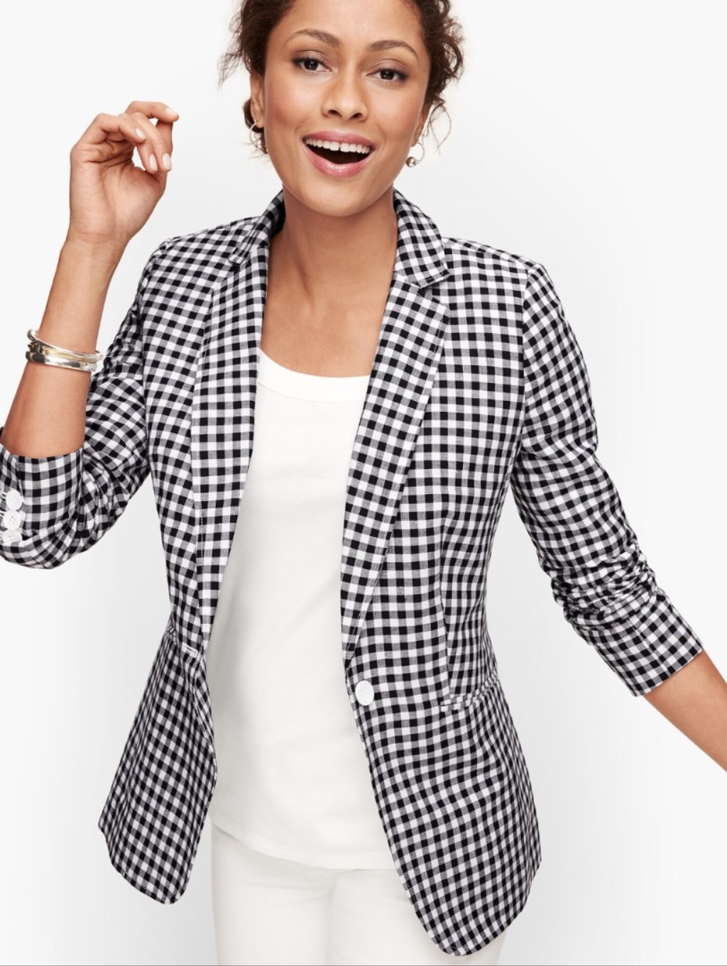 Talbots Classic Linen Blazer Spring Gingham Black White Size 2
